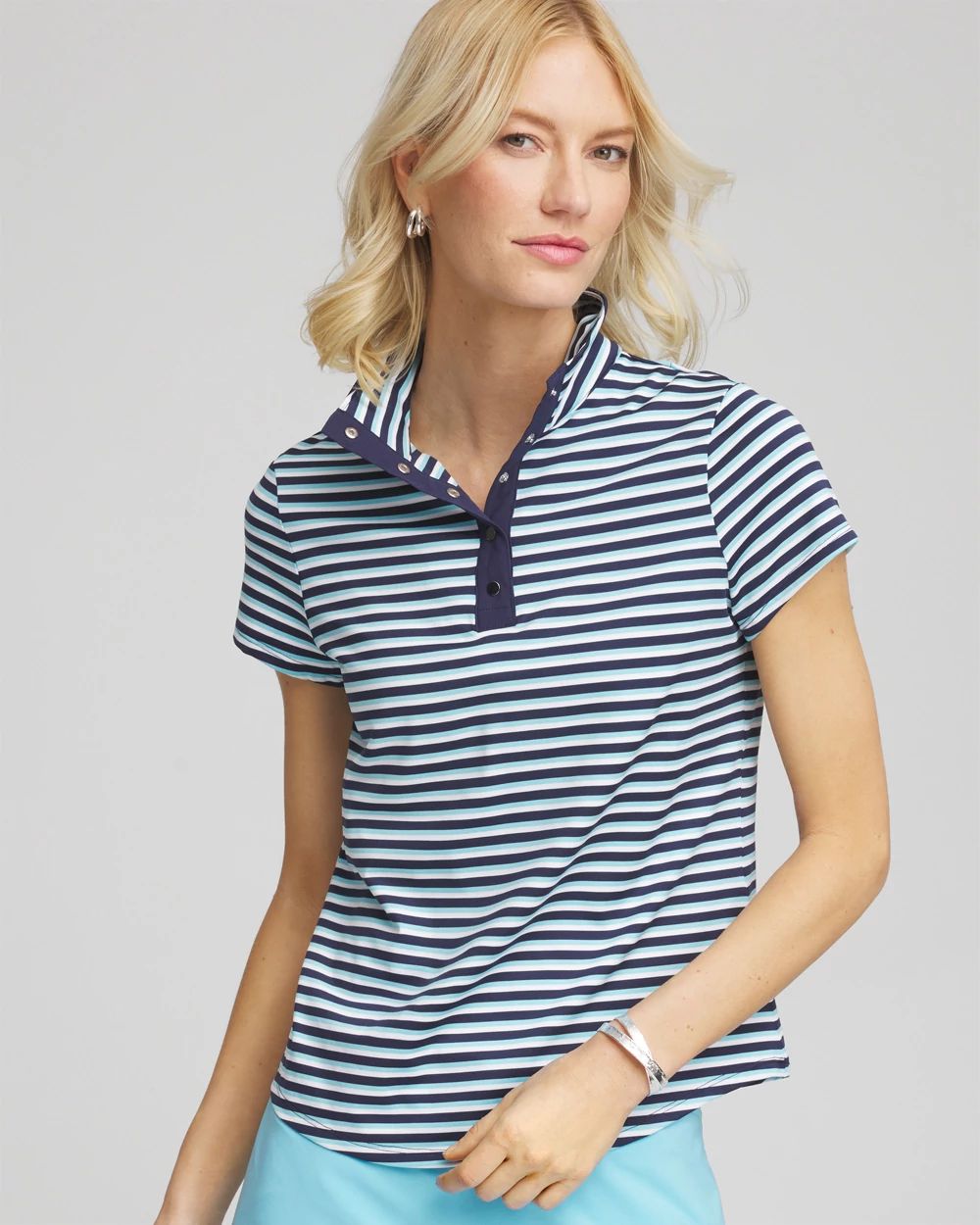 ポロシャツ フェイクツーピース striped V-neck short sleeve Zenergy® Striped UPF Mockneck Short-Sleeve Top | Chico's